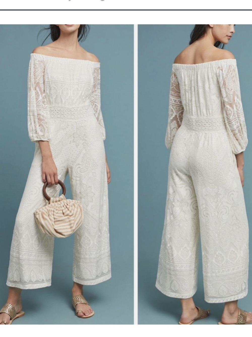 Anthropologie x Farm Rio Elliot Off-The- Shoulder Lace Jumpsuits, Size S